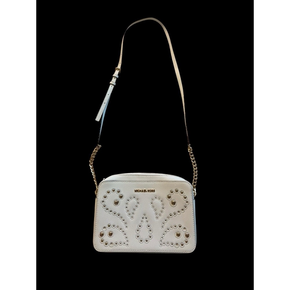Michael Kors Selma Jet Set Cross Body TZ Sachel White with Gold Studs 9.5 X 6.25